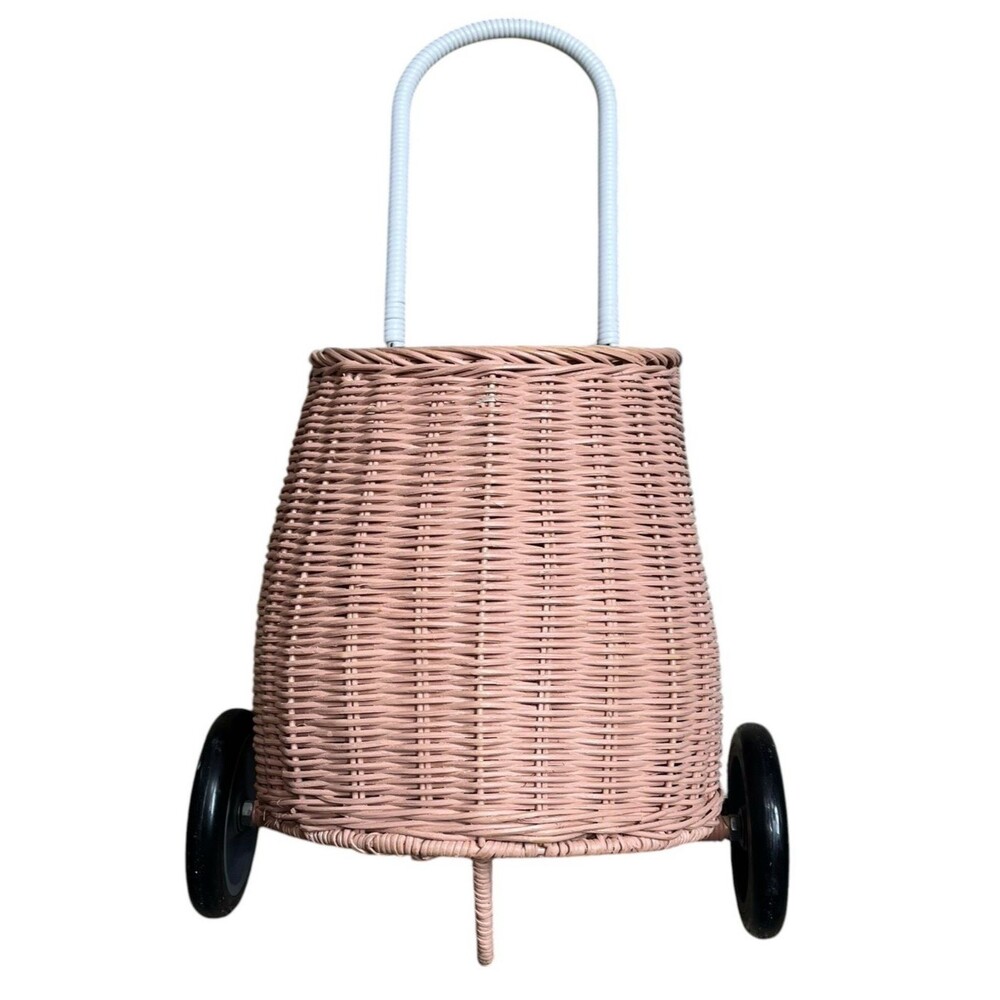 Antropologie Olli Ella Pink Rattan Luggy Cart Trolly Children Kids Wheel Basket